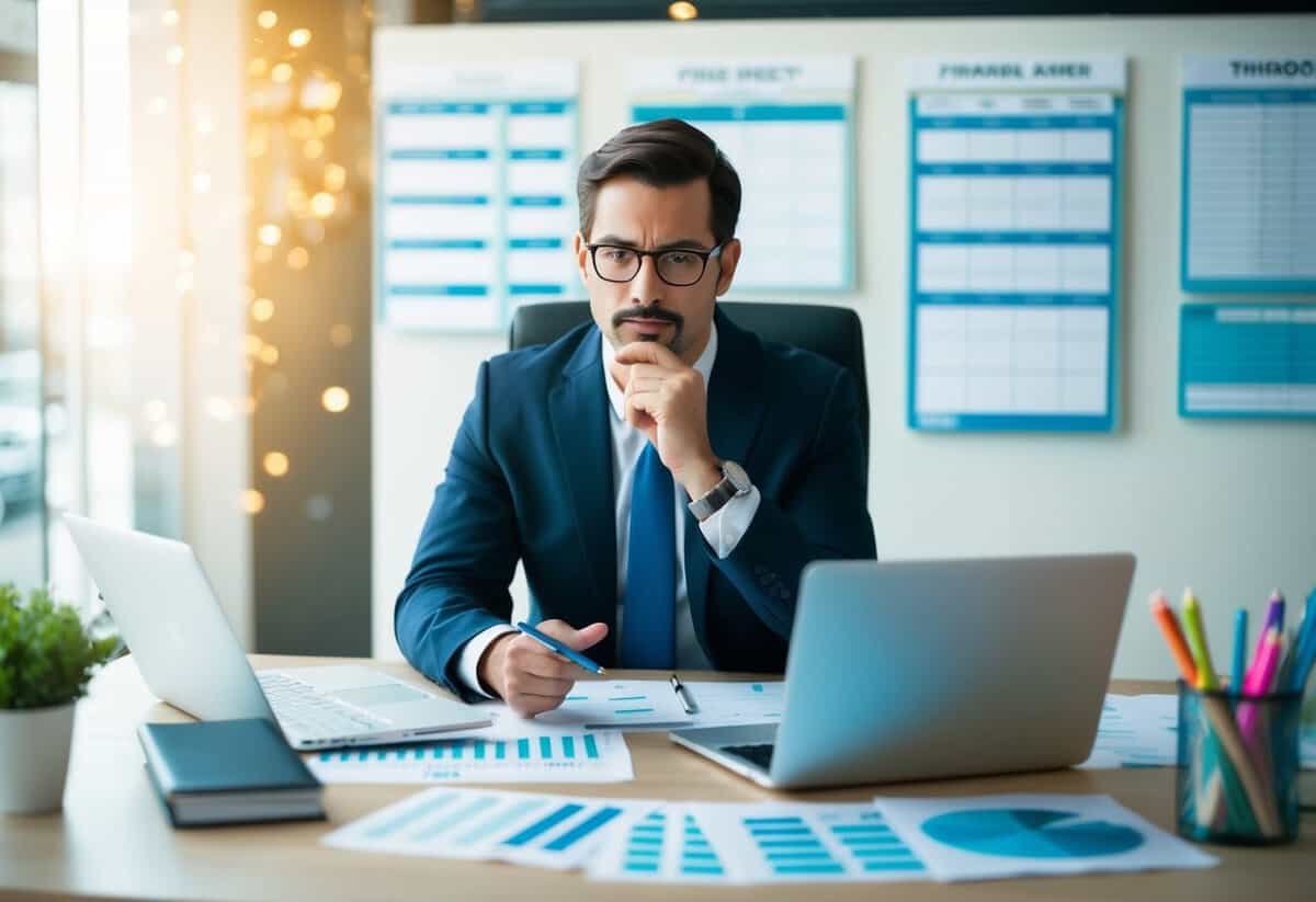 A third-party planner sits at a desk, surrounded by calendars, charts, and a laptop. They are deep in thought, brainstorming and organizing services offered for the planning process