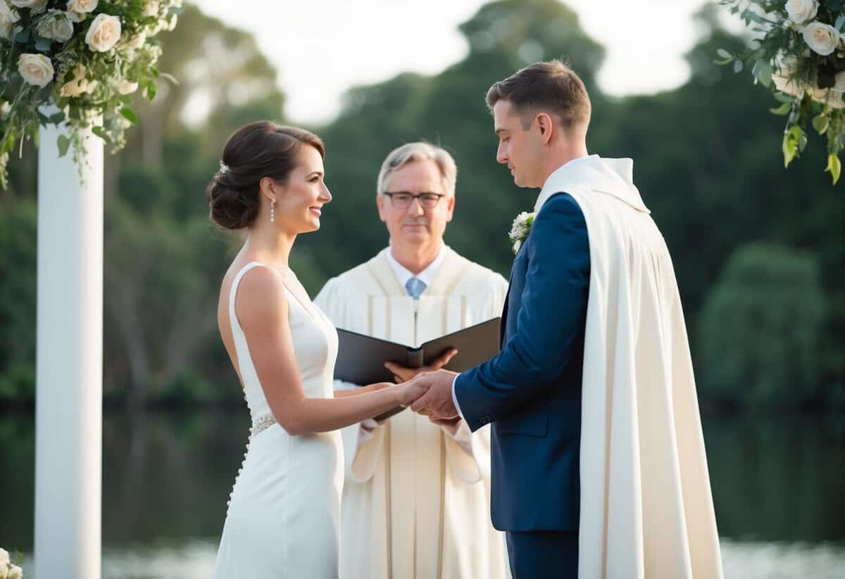 A figure stands before a couple, solemnizing their union. The setting is serene, with a calm and respectful atmosphere