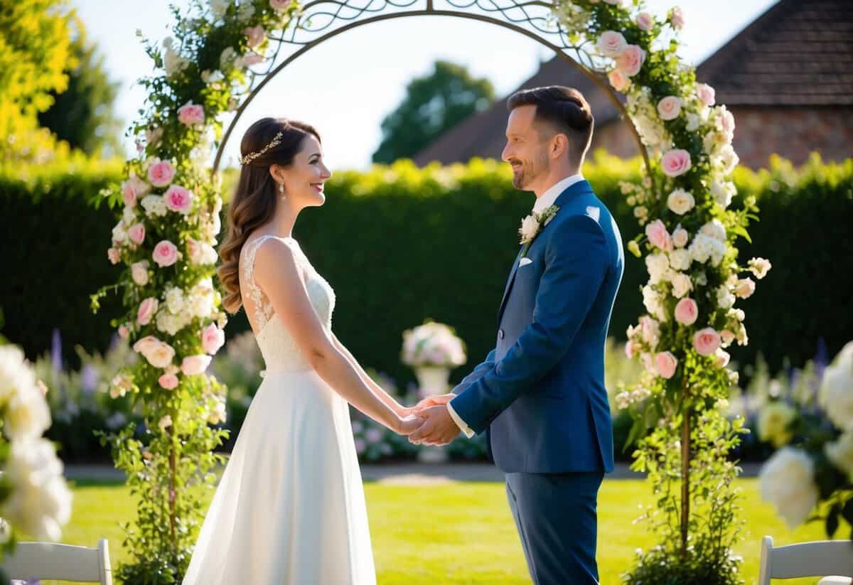A couple stands in a sunlit garden, surrounded by blooming flowers and a decorative archway. They hold hands as they discuss their wedding ceremony