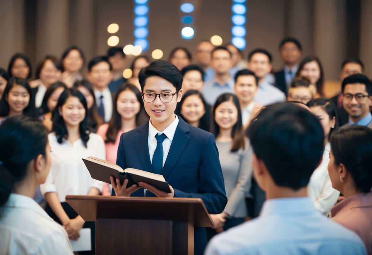A person standing at a podium with a book, surrounded by a group of people