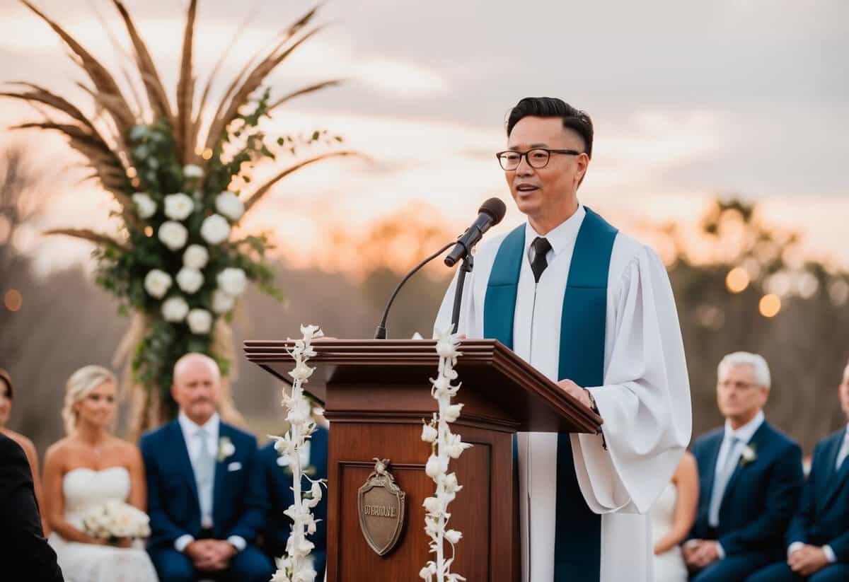 A professional officiant standing at a decorated podium officiating a wedding ceremony