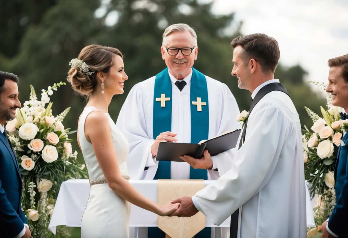 A professional officiant standing at an altar with a couple, surrounded by flowers and decorative elements, holding a ceremonial book or script