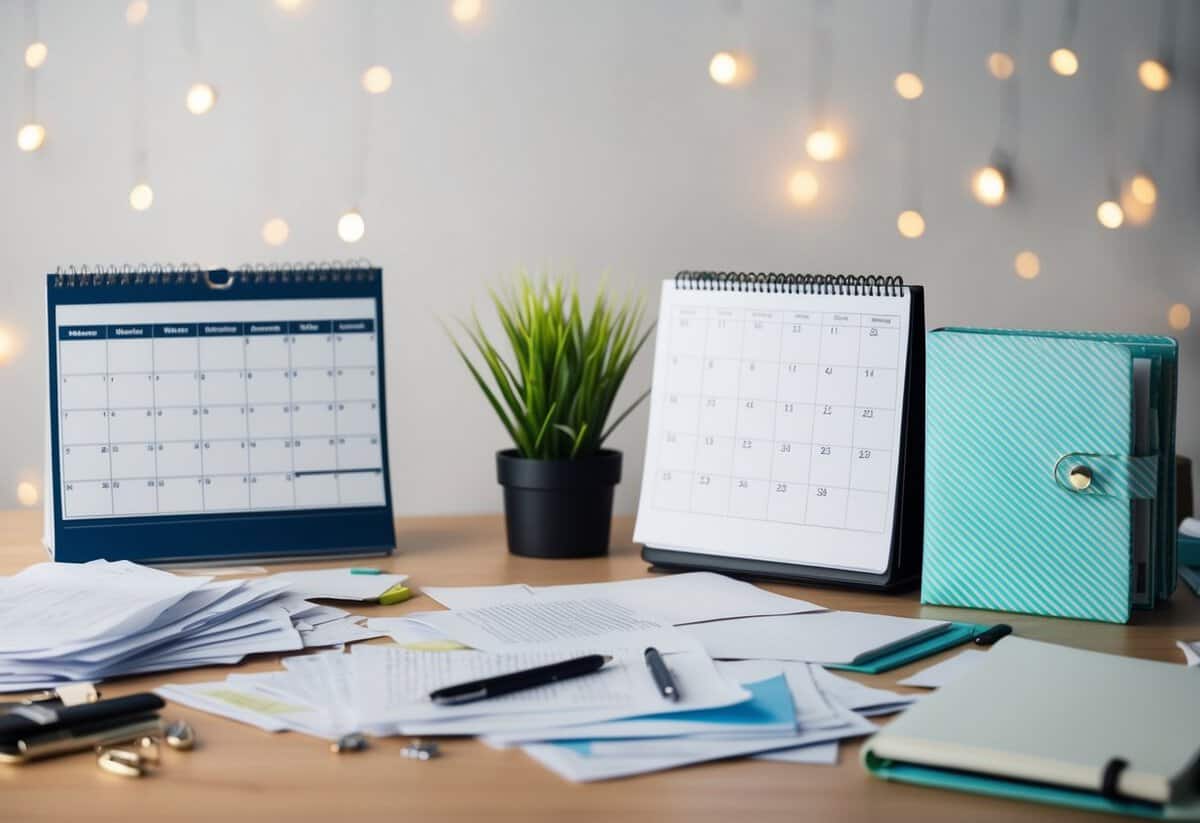 A cluttered desk with scattered papers and a disorganized calendar, contrasting with a neatly arranged desk with a planner and pen