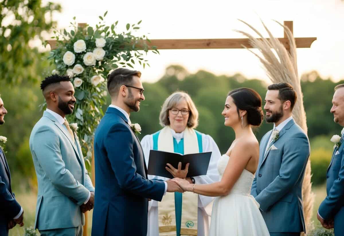 A serene outdoor wedding ceremony with a humanist celebrant officiating, surrounded by nature and symbolic decor