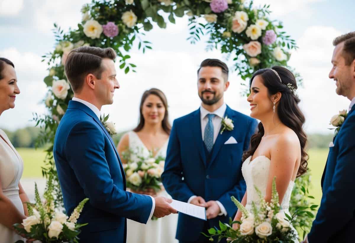 A person officiating a wedding ceremony, surrounded by flowers and with a couple standing in front of them