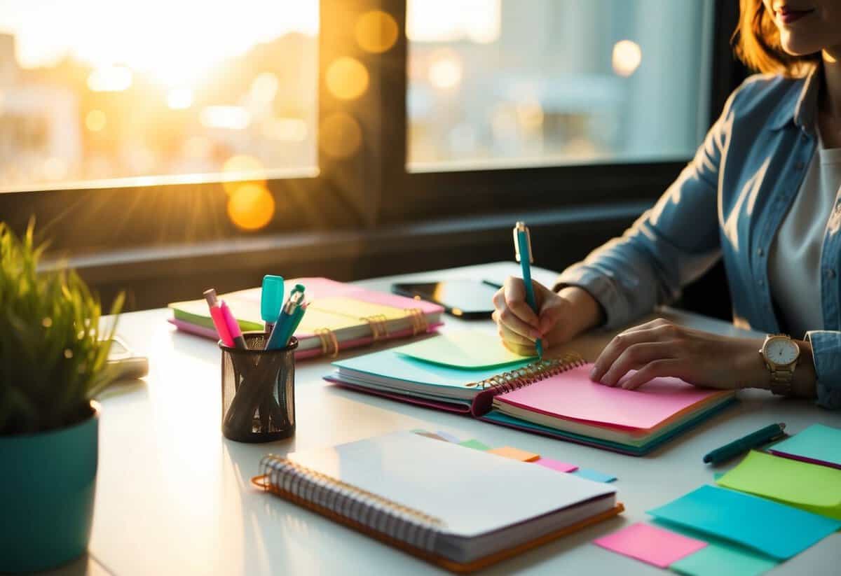 A person sitting at a desk, surrounded by colorful planners, pens, and sticky notes. The sunlight streaming in through the window creates a warm and inviting atmosphere