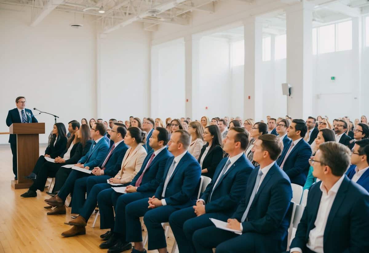 A group of people sitting in rows, listening to a speaker at a podium in a large, bright room with high ceilings