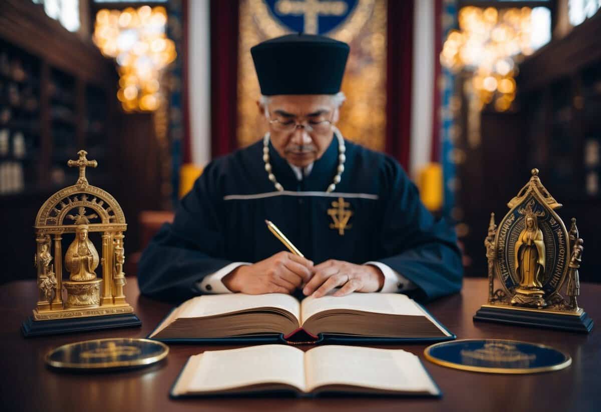 A figure studying a thick book surrounded by symbols and religious artifacts