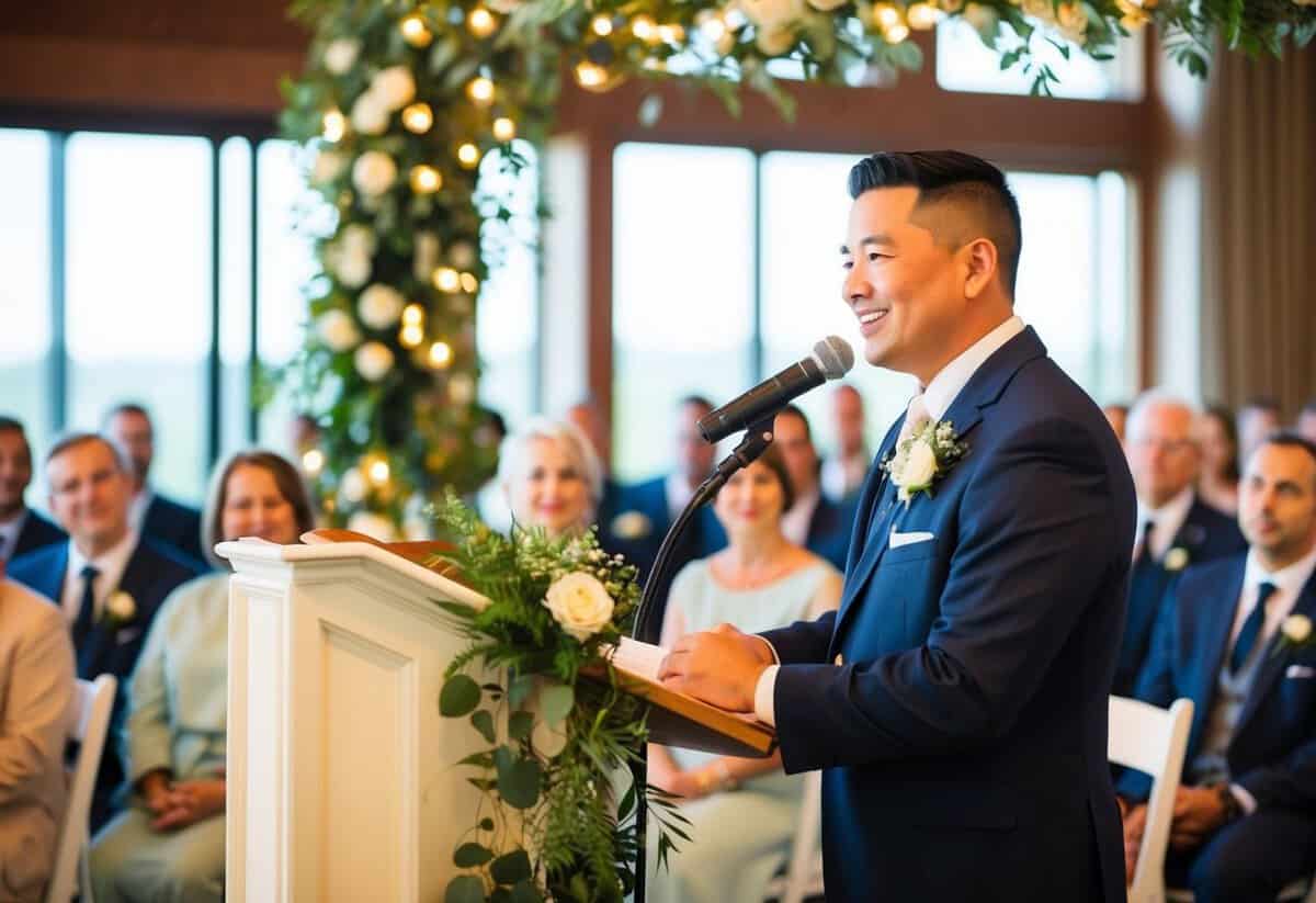 An officiant stands at the front of a decorated ceremony space, speaking into a microphone with a warm smile, as guests listen attentively