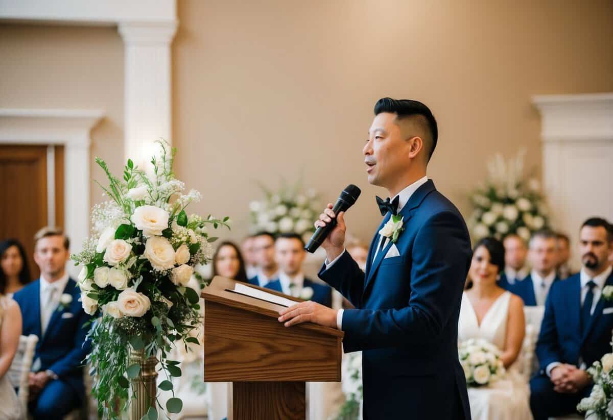 An officiant standing at a podium, addressing an audience with a microphone, surrounded by wedding decor and flowers