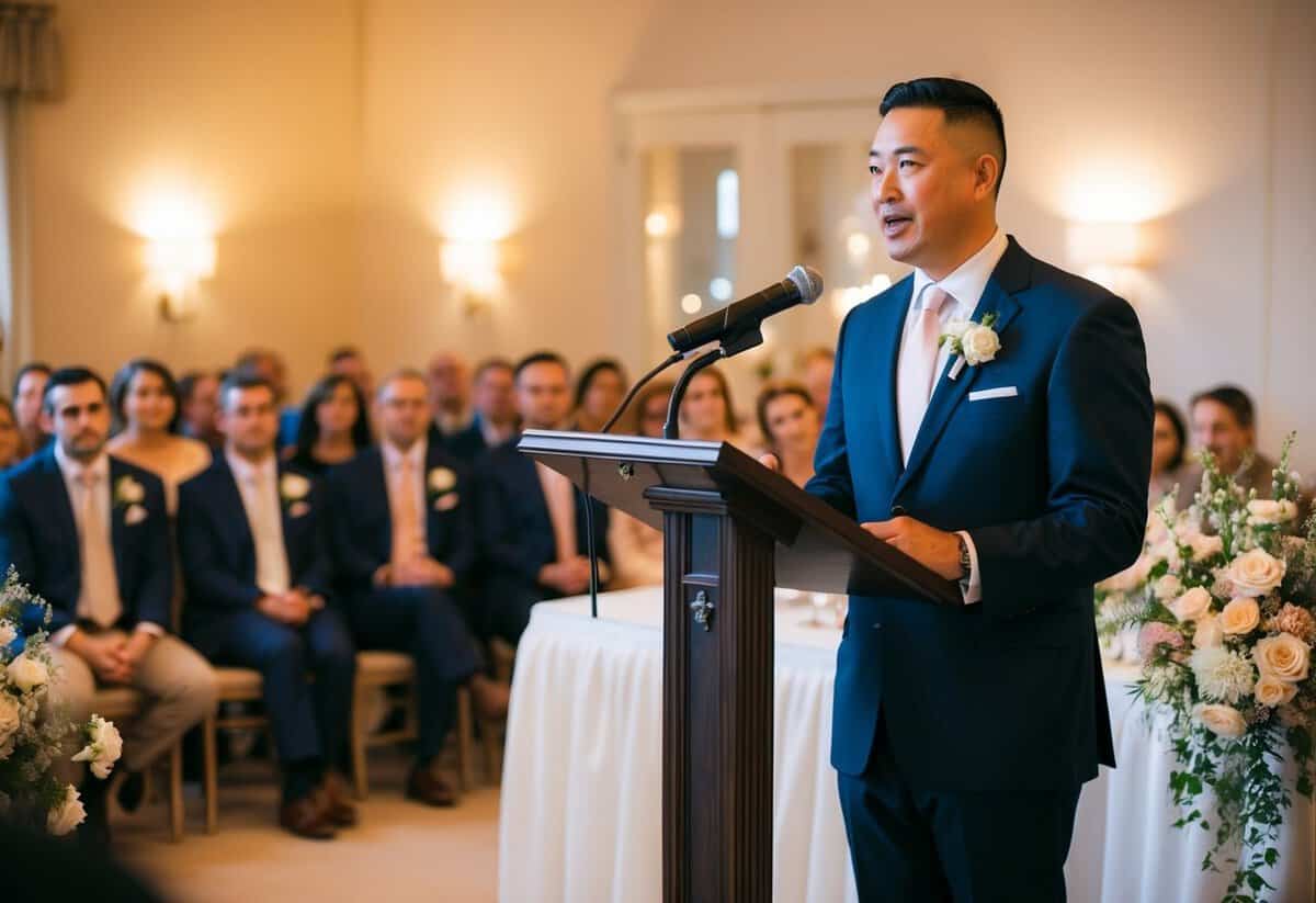An officiant stands at a podium, speaking to a small crowd. The room is adorned with flowers and soft lighting, creating a warm and intimate atmosphere