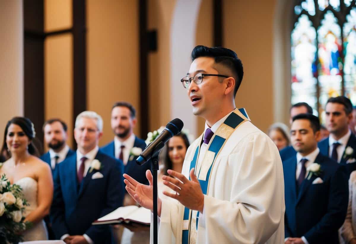 The officiant stands at the altar, speaking confidently and clearly. The ceremony is filled with love and emotion, creating a warm and joyful atmosphere