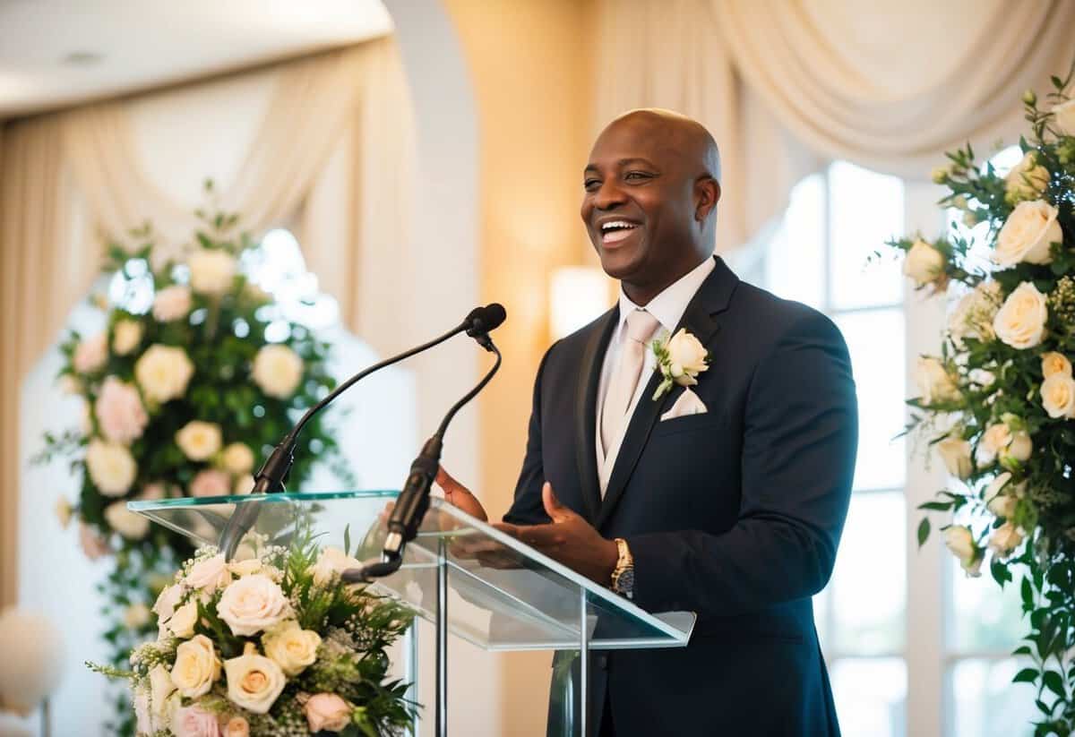 An officiant stands at a podium, delivering a speech with a joyful and solemn expression. The setting is a beautifully decorated wedding venue with flowers and elegant decor