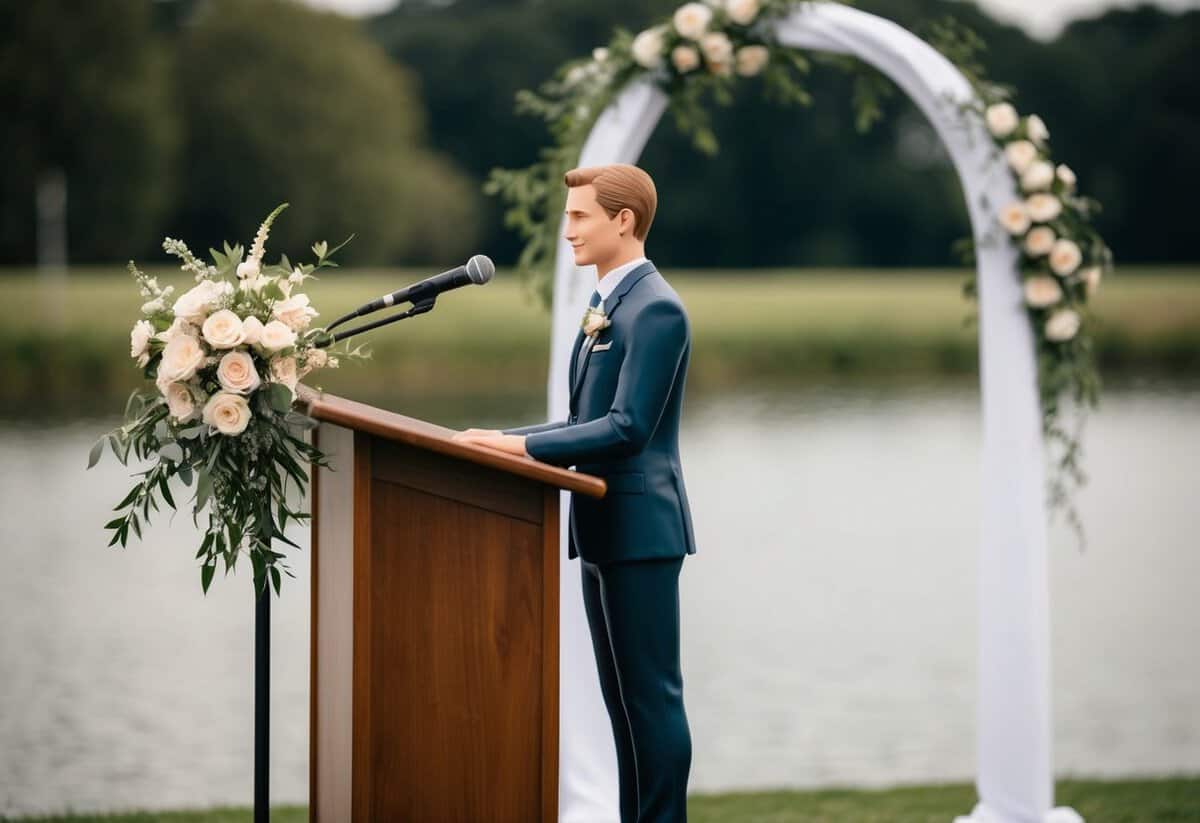 A figure standing at a podium with flowers and a wedding arch in the background