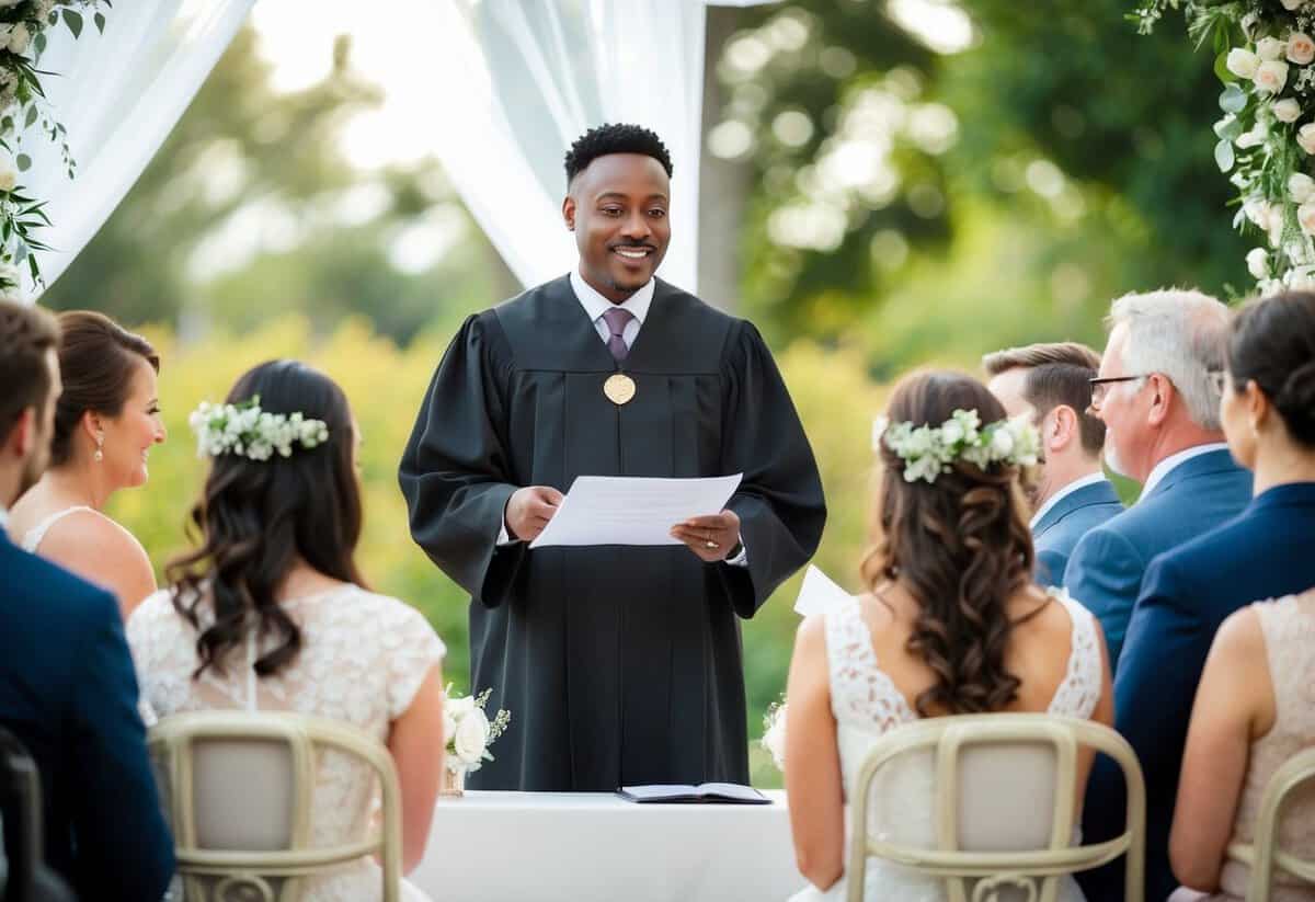 A celebrant officiates a wedding ceremony, standing before the couple and their guests, with legal documents and a decorative backdrop