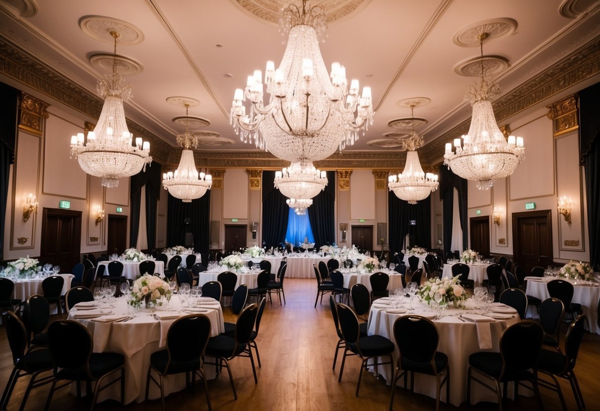 A grand ballroom with chandeliers and ornate decor, set up for a formal event with tables and chairs, awaits guests in the UK