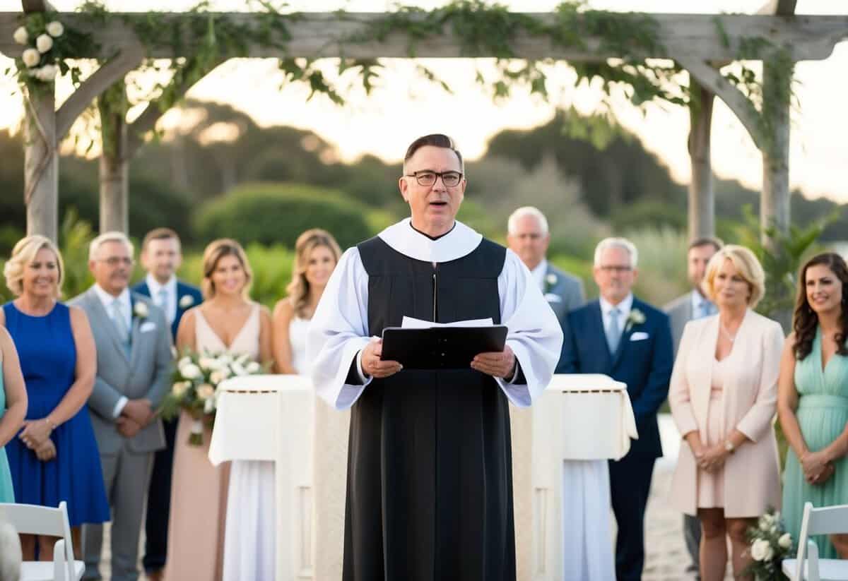 An officiant standing at the altar, speaking to the gathered guests with a serene garden or beach setting in the background