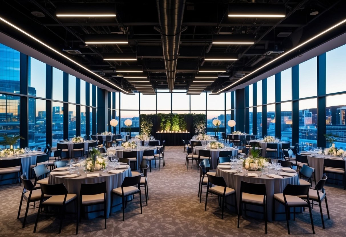 A spacious event venue with modern decor and ample seating, located in a bustling city center with large windows and natural light