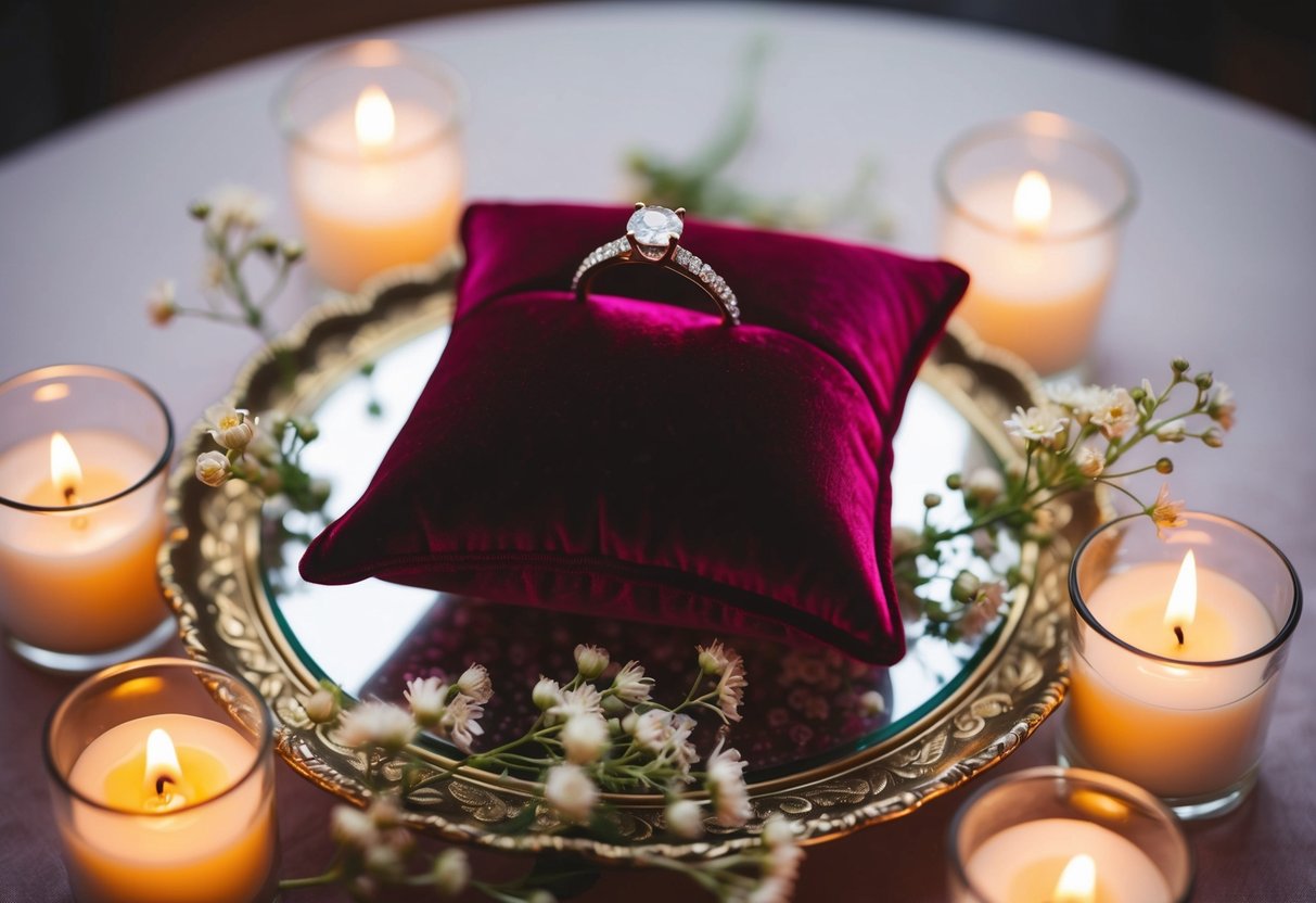 A small velvet pillow with a shining ring rests atop a decorative table, surrounded by delicate flowers and flickering candles