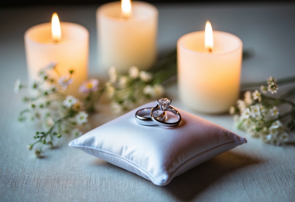 A small, elegant pillow holding two gleaming rings is placed on a table surrounded by delicate flowers and soft candlelight