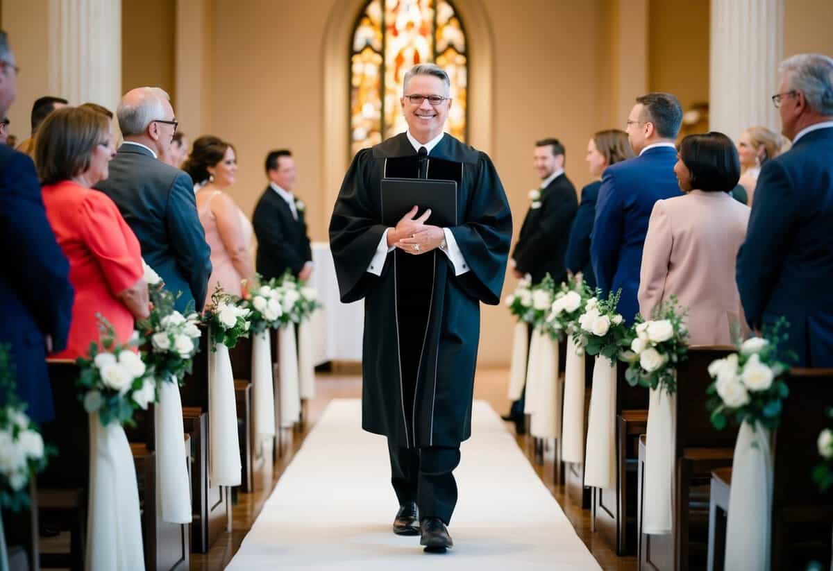 An officiant confidently walks down the aisle, radiating authority and grace