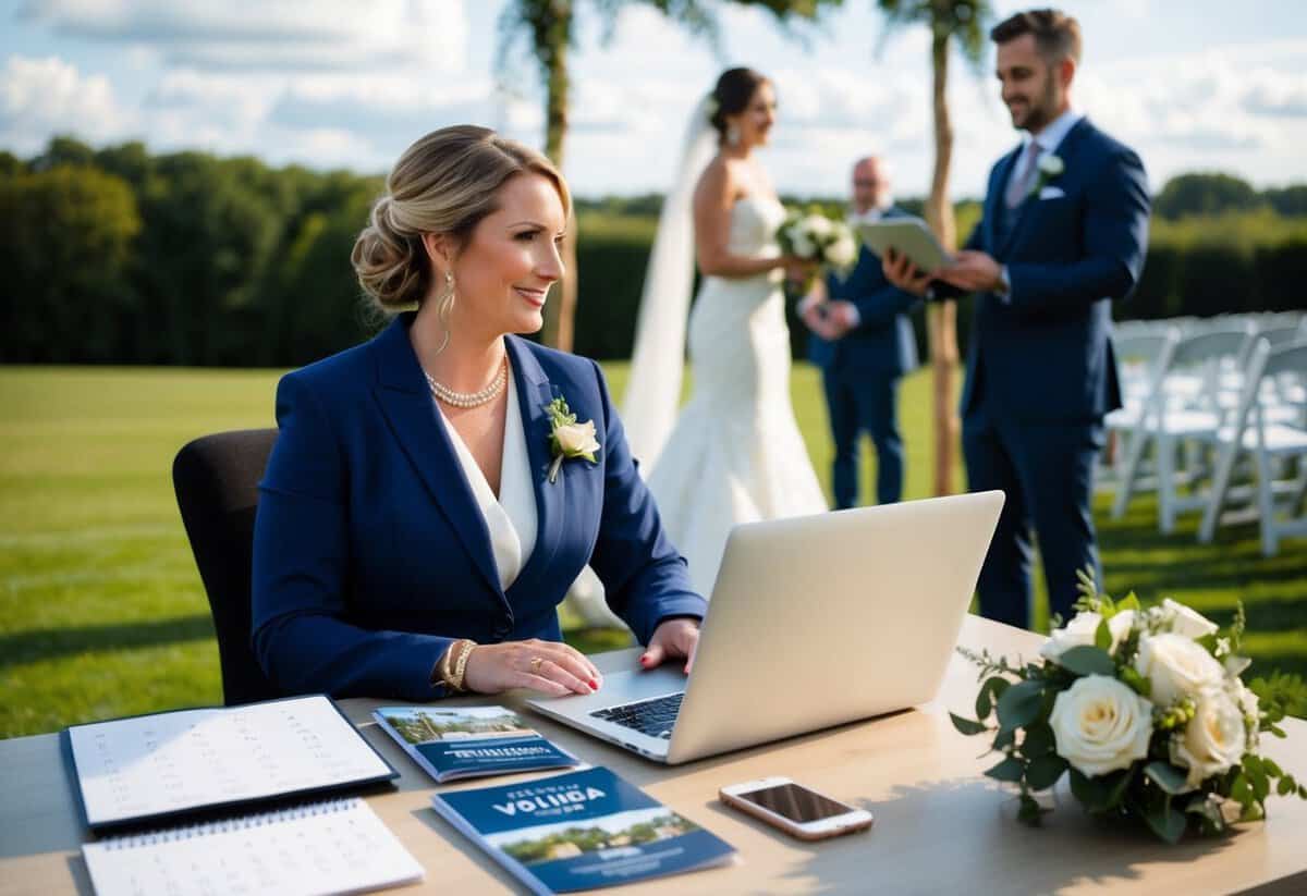 A wedding planner sits at a desk with a calendar, venue brochures, and a laptop. A day-of coordinator stands at a ceremony site, directing vendors and setting up decorations