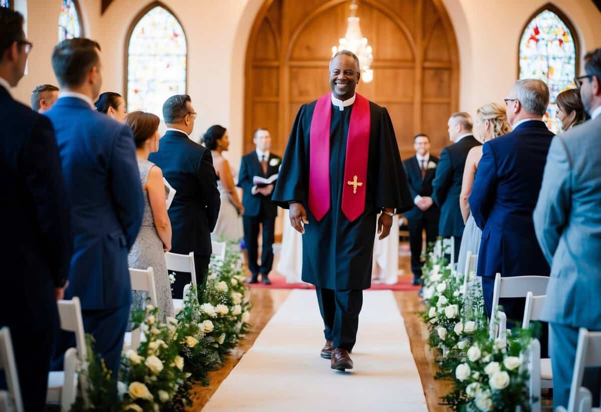 An officiant confidently walks down the aisle, radiating authority and warmth