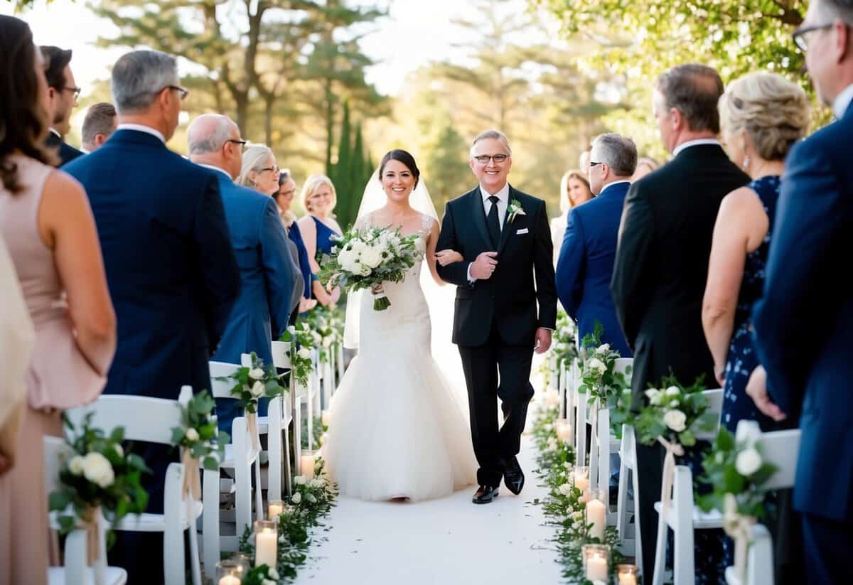 The officiant leads the wedding processional down the aisle, setting the tone for the traditional ceremony