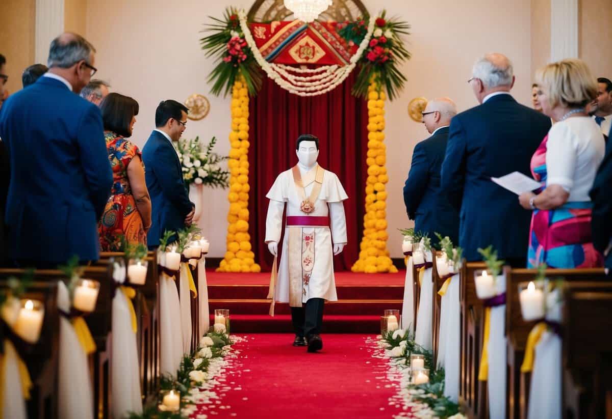 A figure walks down a decorated aisle, surrounded by cultural symbols and personal touches