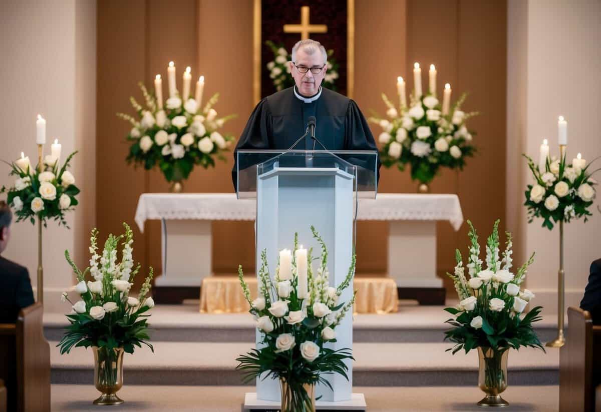 A funeral officiant stands at a podium, leading a solemn service in a peaceful chapel adorned with flowers and flickering candles