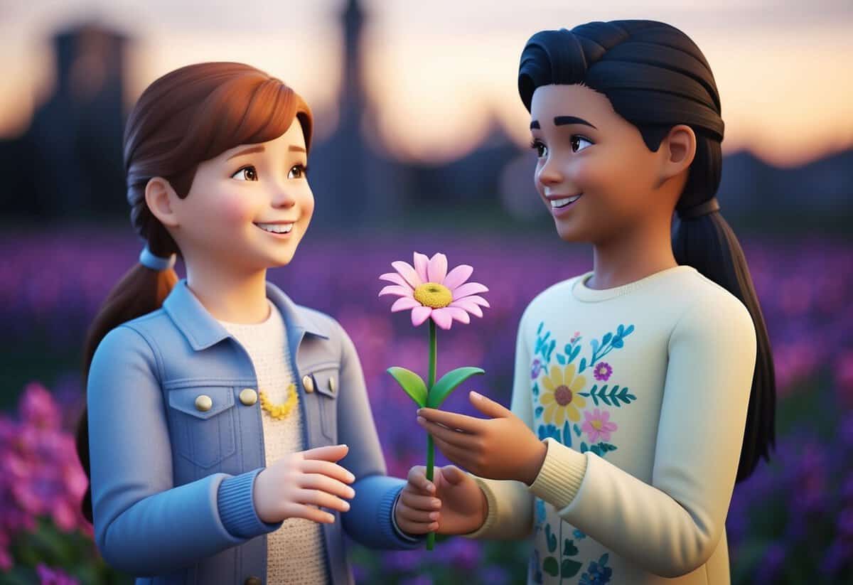 A smiling sim offers a flower to another sim, gesturing to be flower pals