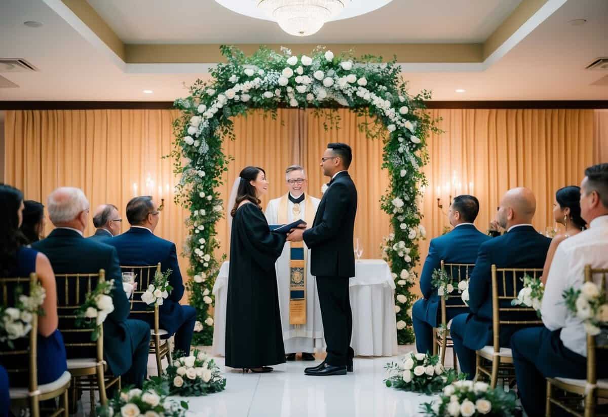 An officiant stands at the front of a decorated wedding venue, overseeing the ceremony. Guests are seated and the couple stands before the officiant