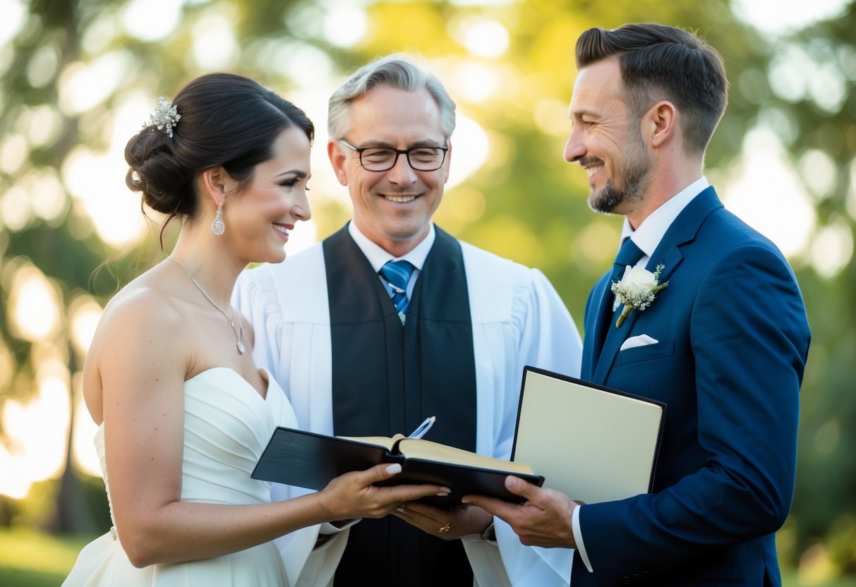 A marriage officiant and a celebrant stand side by side, each holding a ceremonial book and a pen, ready to perform a wedding ceremony