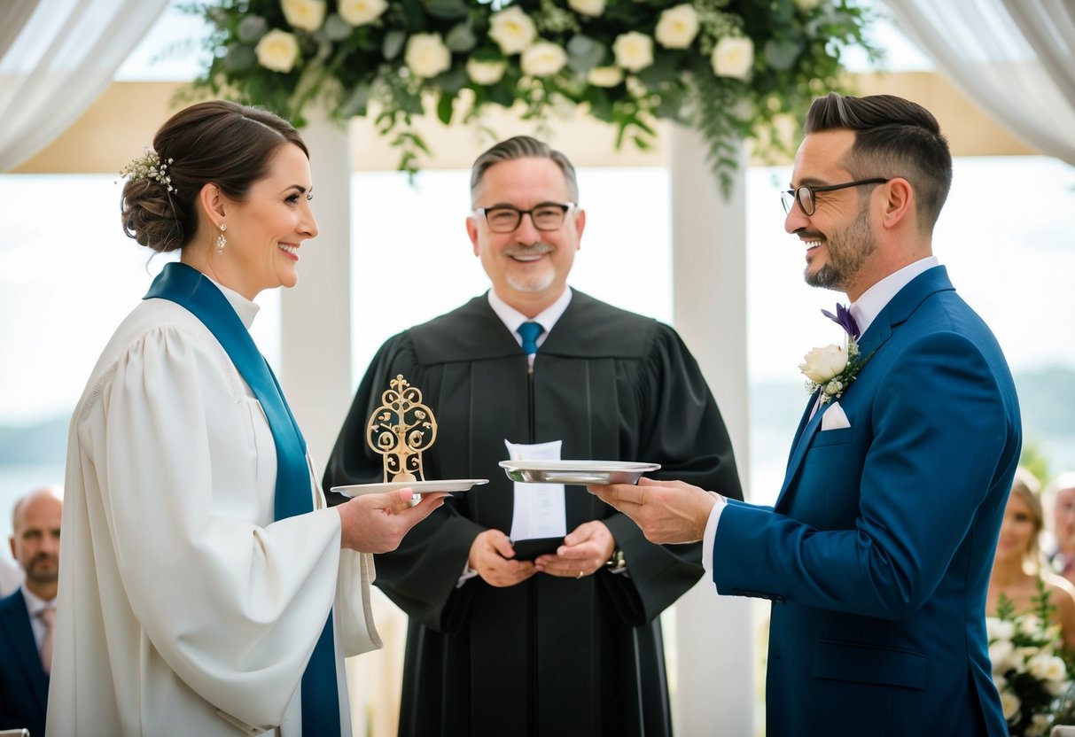 A marriage officiant and a celebrant stand side by side, each holding a different symbolic object, with a wedding ceremony setting in the background