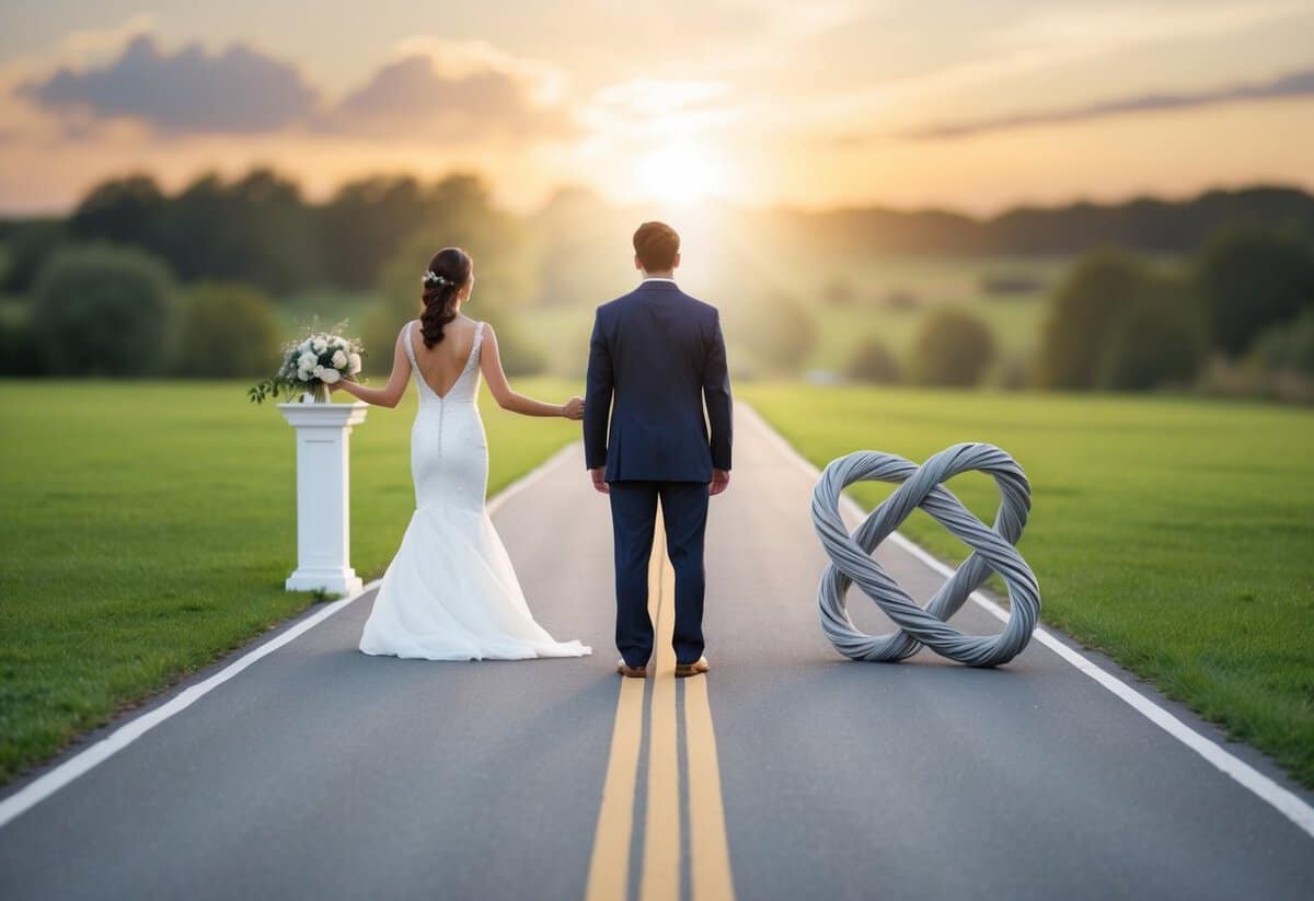 A person standing between two paths, one leading to a wedding altar and the other to a tangled knot symbolizing a dilemma