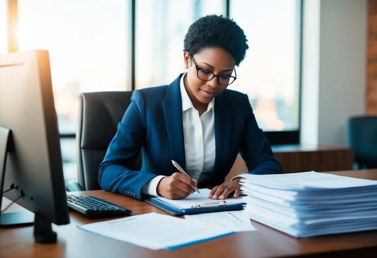 A person filling out paperwork at a desk with a computer and a stack of documents