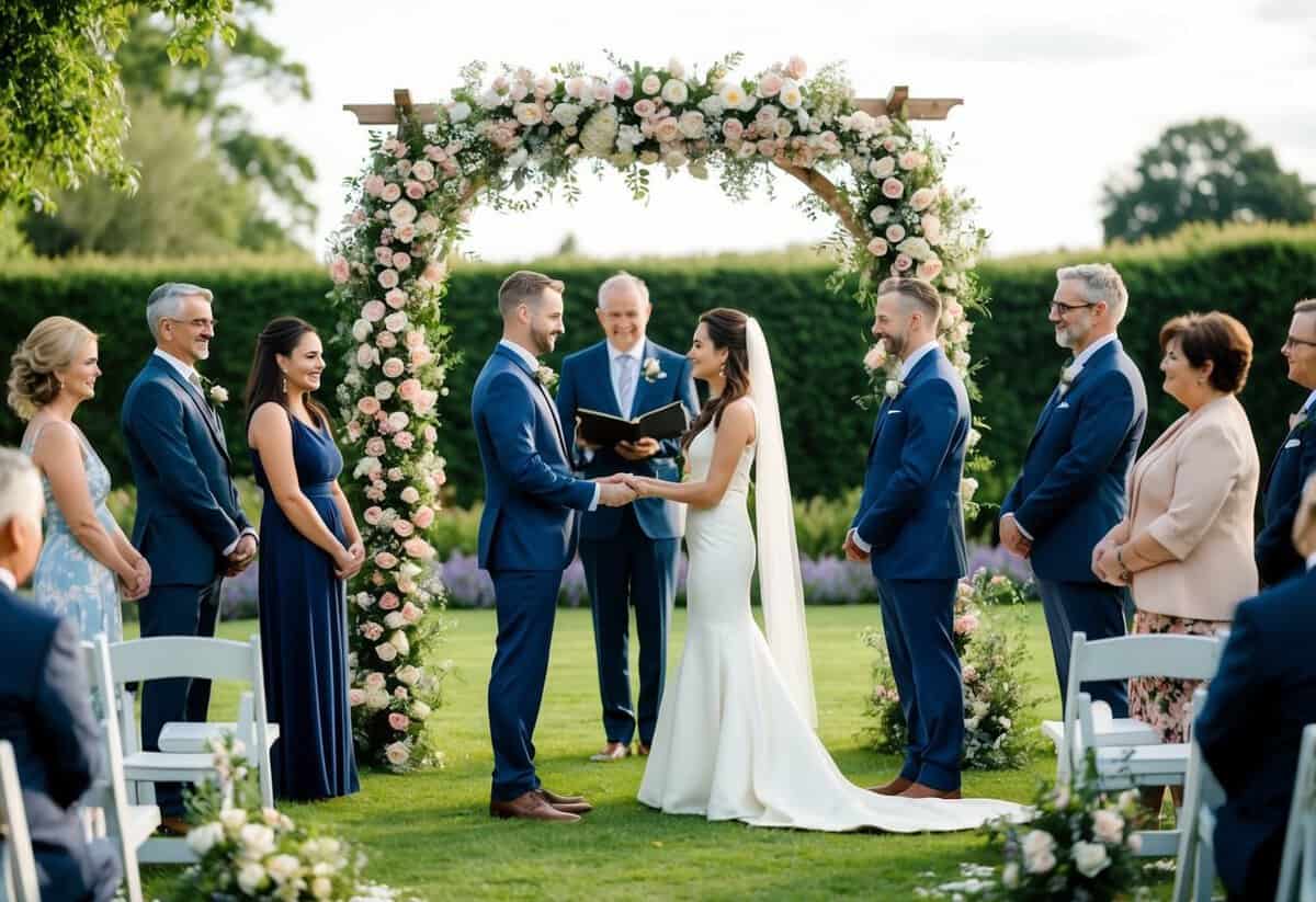 A couple stands beneath a floral arch in a garden, surrounded by family and friends, exchanging vows and rings in a secular wedding ceremony