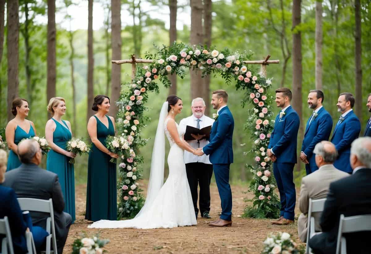 A couple stands beneath a floral arch in a forest clearing, surrounded by family and friends. A celebrant leads a ceremony, with nature as the backdrop