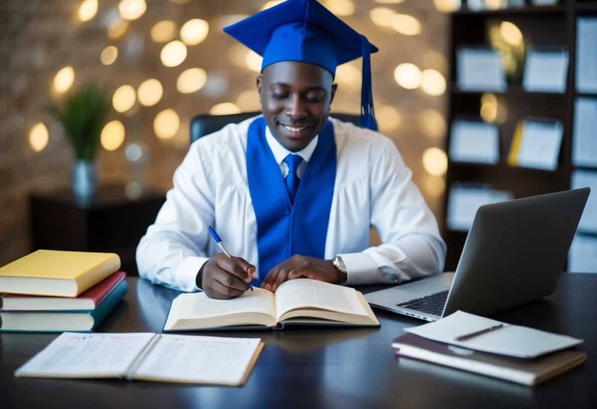 A celebrant studying at a desk with a laptop and books, surrounded by notes and a calendar