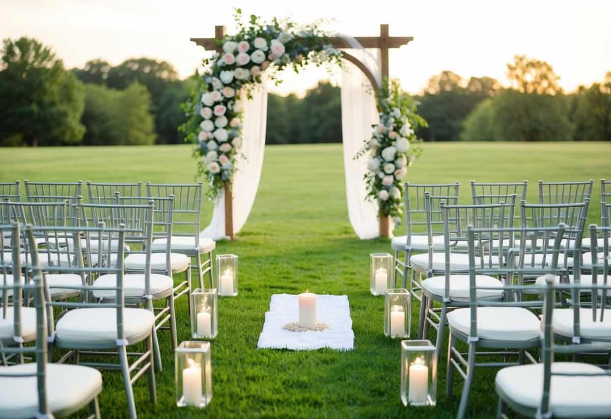 A serene outdoor setting with floral decorations, a beautiful arch, and rows of chairs for guests. A non-religious symbol, such as a unity candle or sand ceremony, is at the center of the space