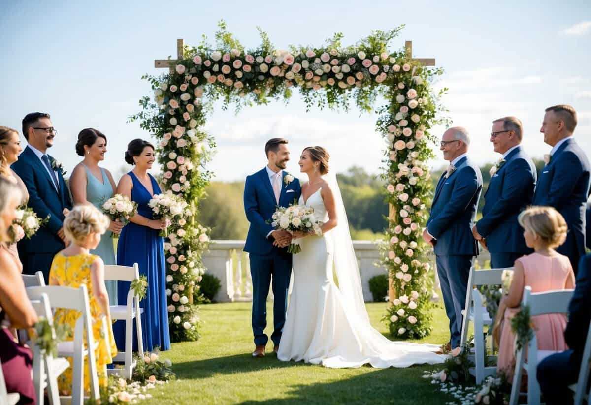 A couple stands under a floral arch, surrounded by family and friends in a beautiful outdoor setting. The ceremony is filled with love and meaningful traditions, but without any religious elements