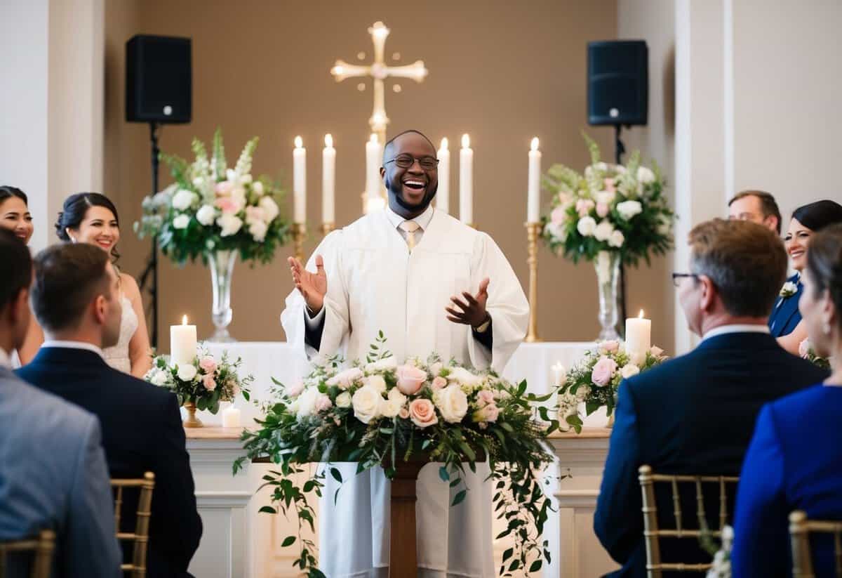 A celebrant stands at an altar, speaking joyfully. Flowers and candles adorn the space, and guests watch with smiles