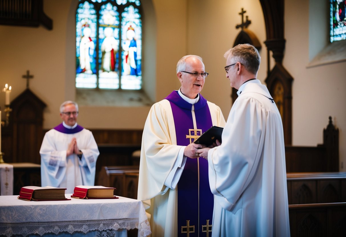 A church of England wedding officiated by a clergy member in traditional attire, with a cross and Bible on the altar
