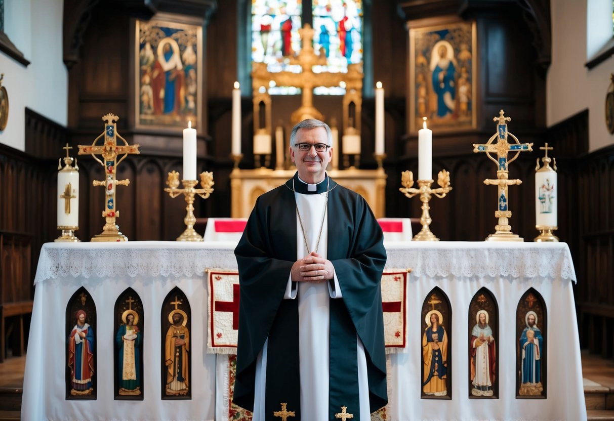 A clergy member standing at the altar in a Church of England, surrounded by traditional religious symbols and decor