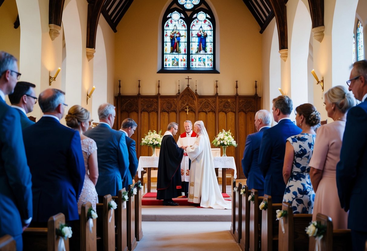 A traditional Church of England wedding ceremony with a clergy member officiating at the altar