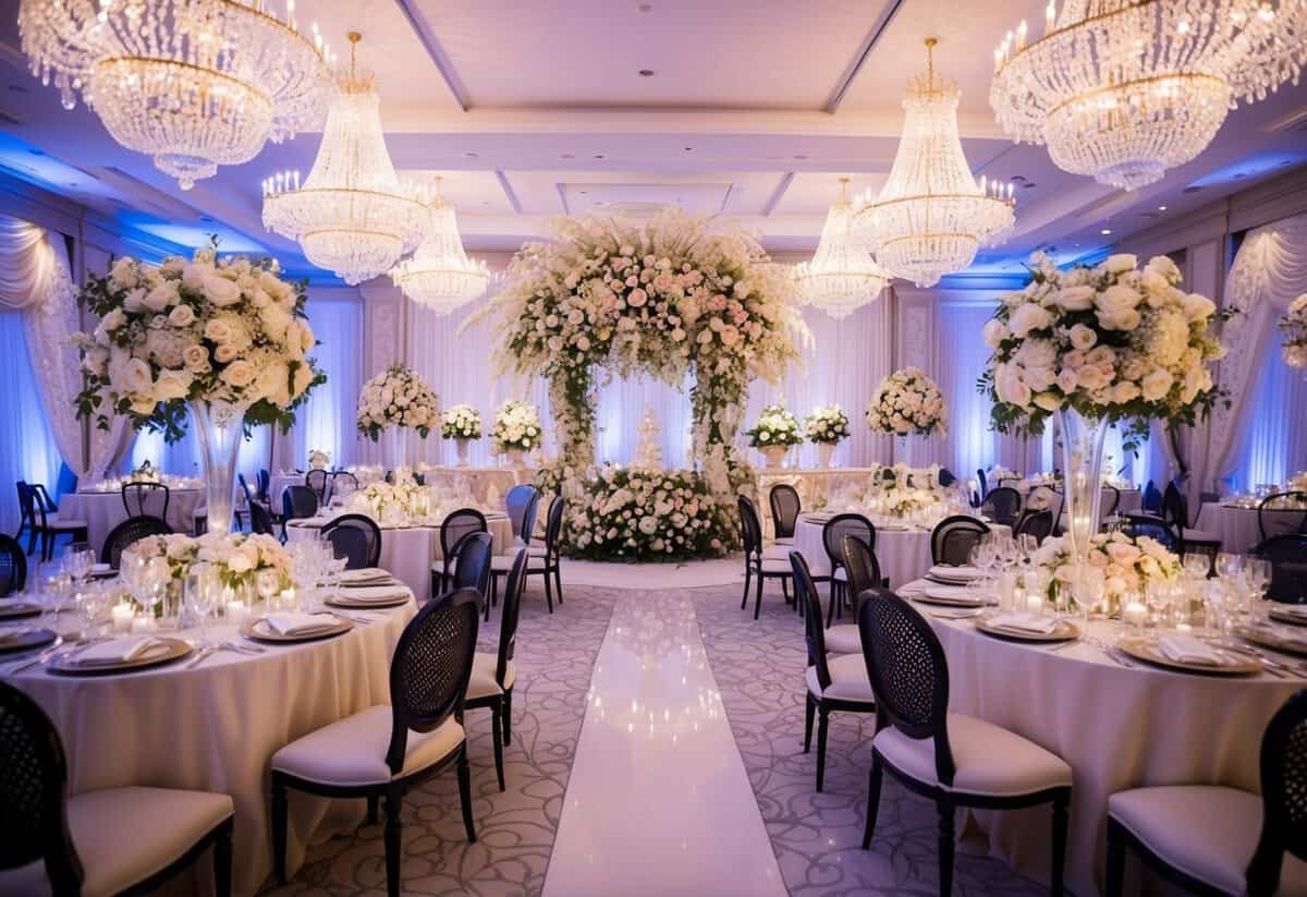 A lavish wedding venue with opulent decor and extravagant floral arrangements, with elegant table settings and sparkling chandeliers