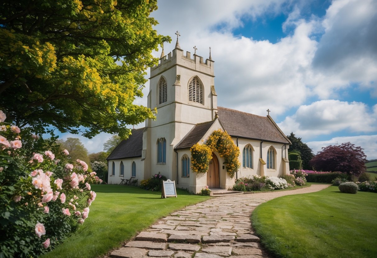 A traditional English church with a picturesque countryside setting, adorned with blooming flowers and a quaint stone pathway leading to the entrance