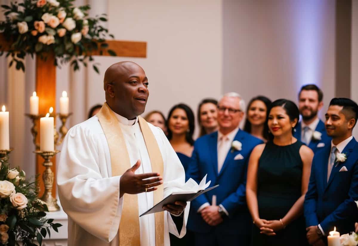 A celebrant stands at an altar, speaking with warmth and authority. Guests look on with admiration and emotion. Flowers and candles adorn the space
