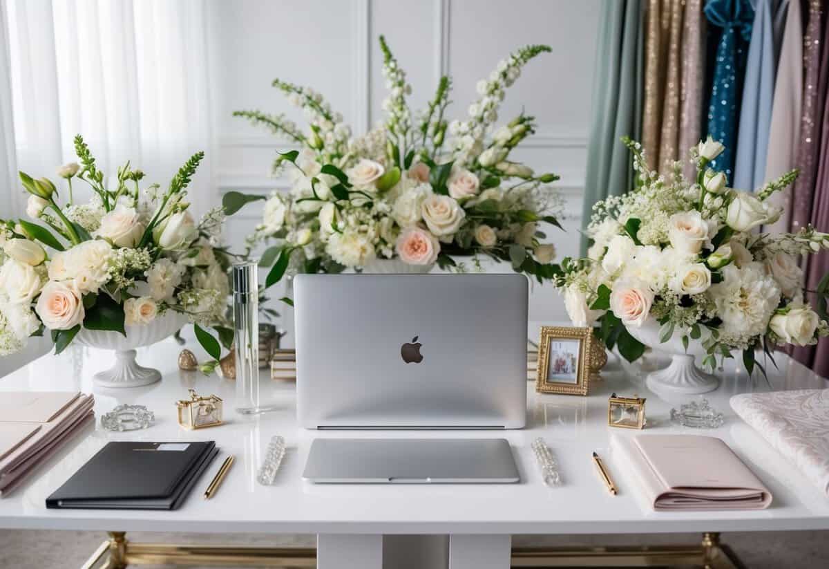 A luxurious wedding planner's desk, adorned with elegant stationery, a crystal pen, and a sleek laptop, surrounded by opulent floral arrangements and fabric swatches in a sophisticated studio setting