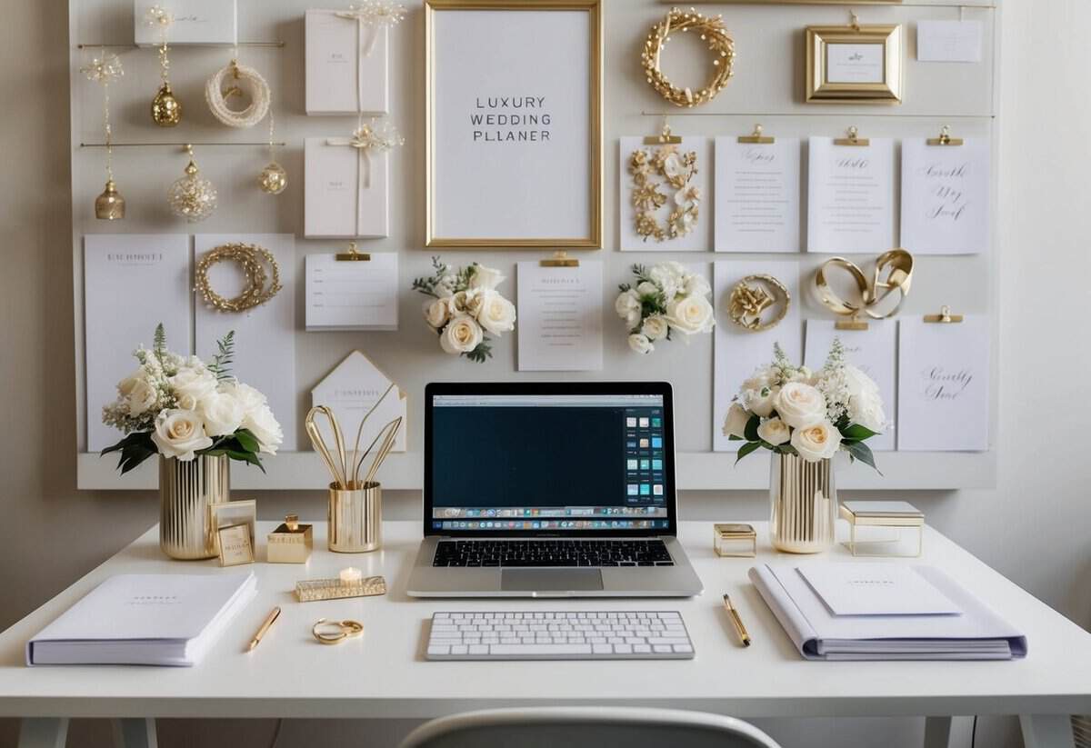 A luxury wedding planner's desk with elegant stationery, a laptop, and a mood board filled with opulent wedding inspiration